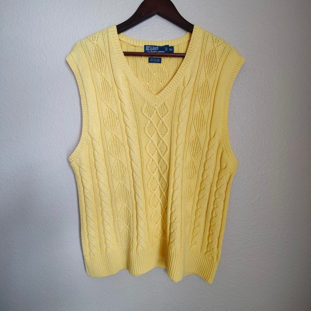 Polo Ralph Lauren Tennis Yellow Cable Knit Sweater Vest Cashmere Blend XL Preppy